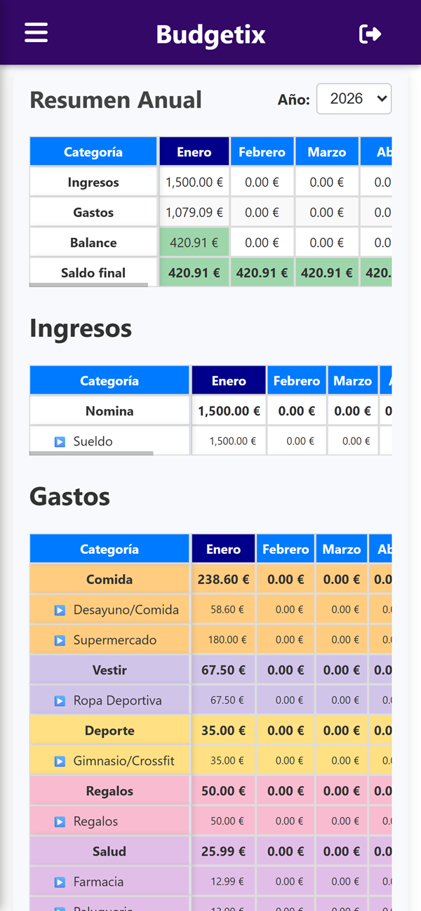 Captura de Budgetix App